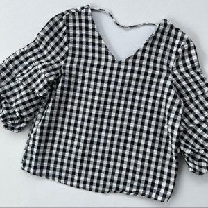 gingham tiered puff sleeve v-neck blouse S